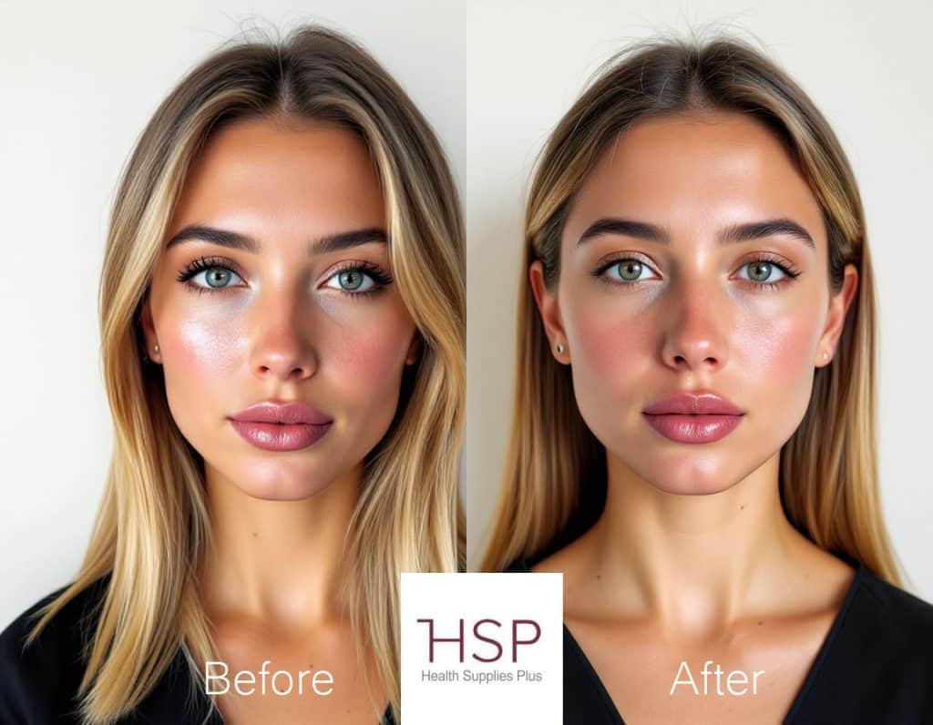 Before and after photo of a patient's mid-face, showing restored cheek volume and a subtle lift after a series of Sculptra treatments.