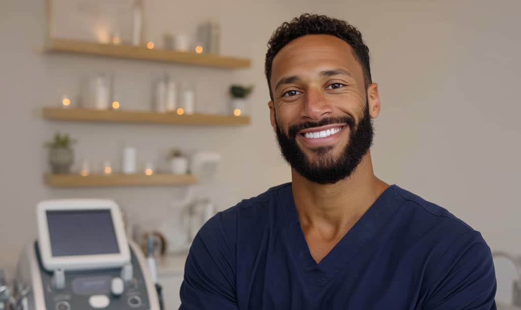 A friendly male doctor representing the expert practitioners who use hyaluronic acid fillers in med spas.