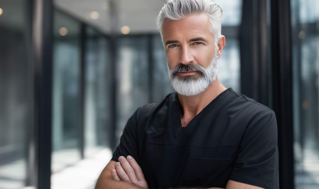 A male doctor in his office reviewing a pricing strategy for Botox services.