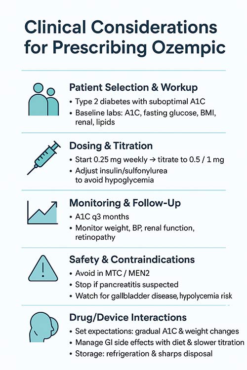 Infographic showing clinical considerations for prescribing Ozempic, including patient selection, dosing, monitoring, safety, interactions, and counseling points