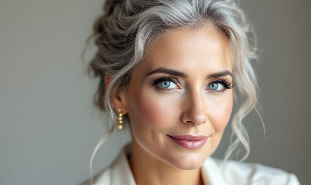 An elegant older woman with a defined jawline, showing the results of treatment with dermal fillers for jowls